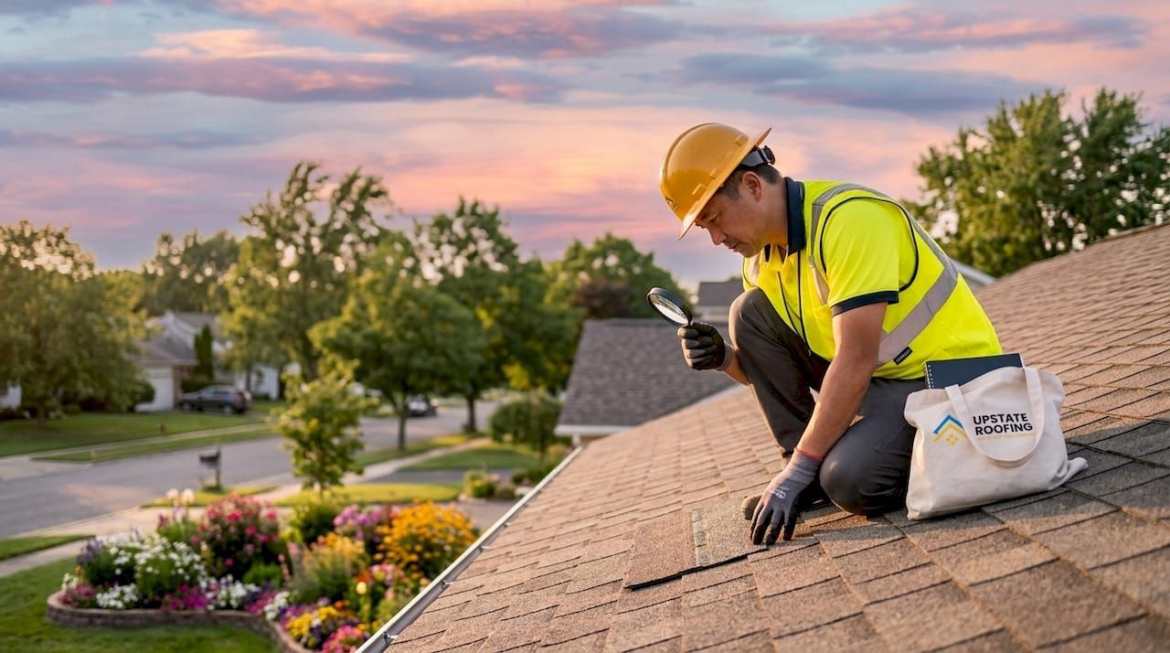 Worker in a hard hat and safety vest inspecting a rooftop at sunset.