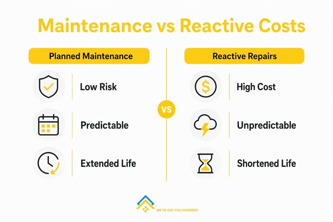 Infographic comparing planned maintenance vs reactive repairs, showing lower risk and cost versus high cost and unpredictability.