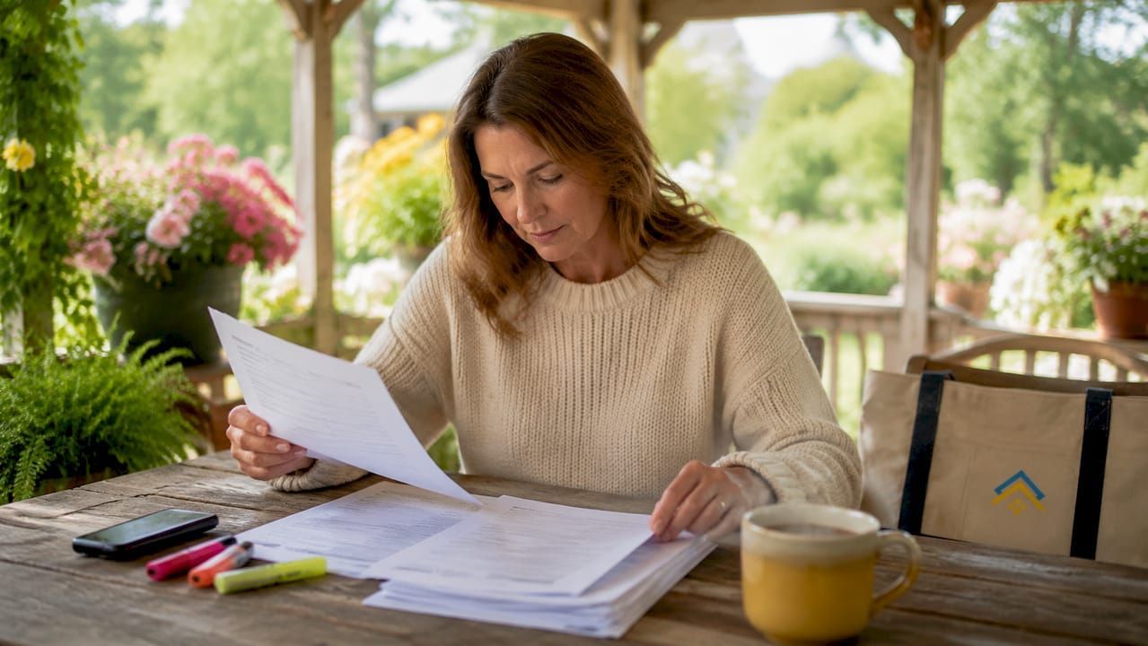 Woman working outdoors at a wooden table, reading papers with colorful pens and a coffee mug nearby