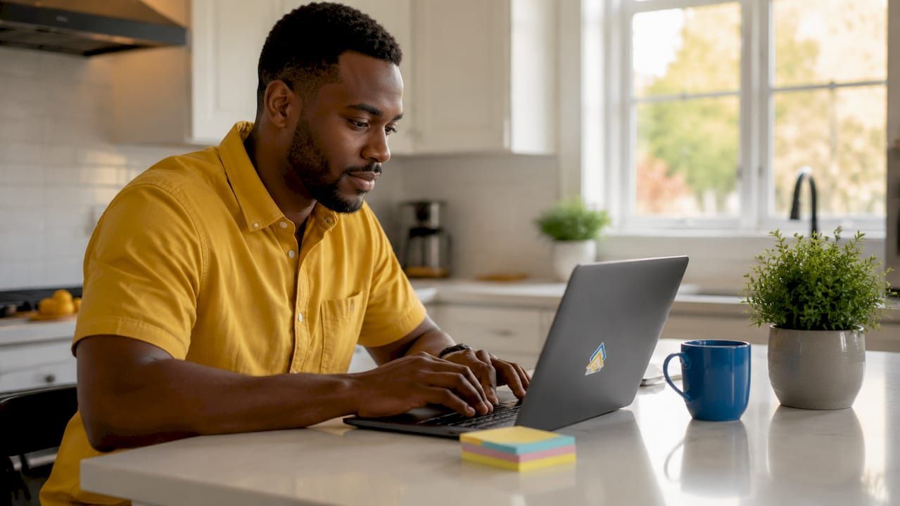 Person in a yellow shirt typing on a laptop at a kitchen table with a blue mug and potted plant.