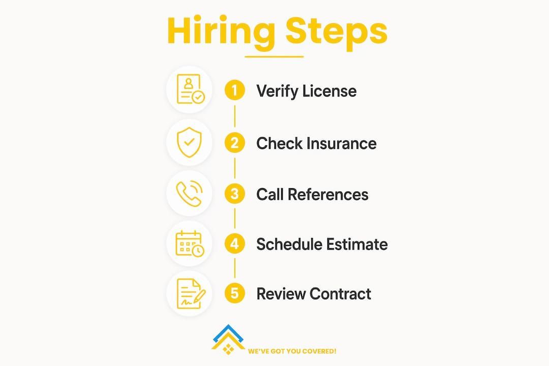 Hiring Steps infographic listing 5 yellow numbered steps: verify license, check insurance, call references, schedule estimate, review contract