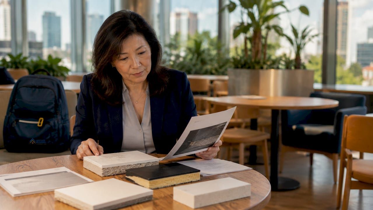 Person reading at a table in a bright café or library, with books stacked nearby and a backpack on a chair