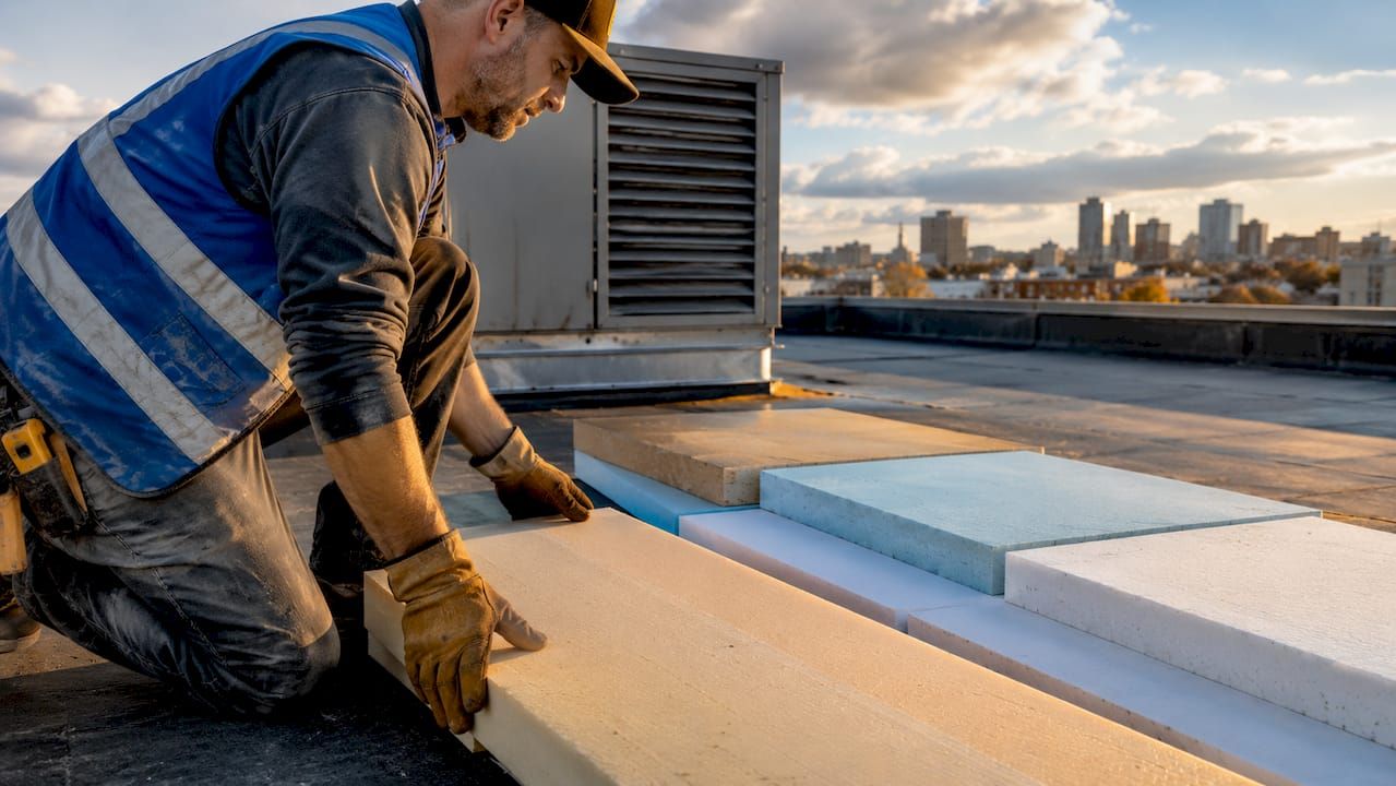 Worker on a rooftop installing white insulation panels near a ventilation unit at sunset.