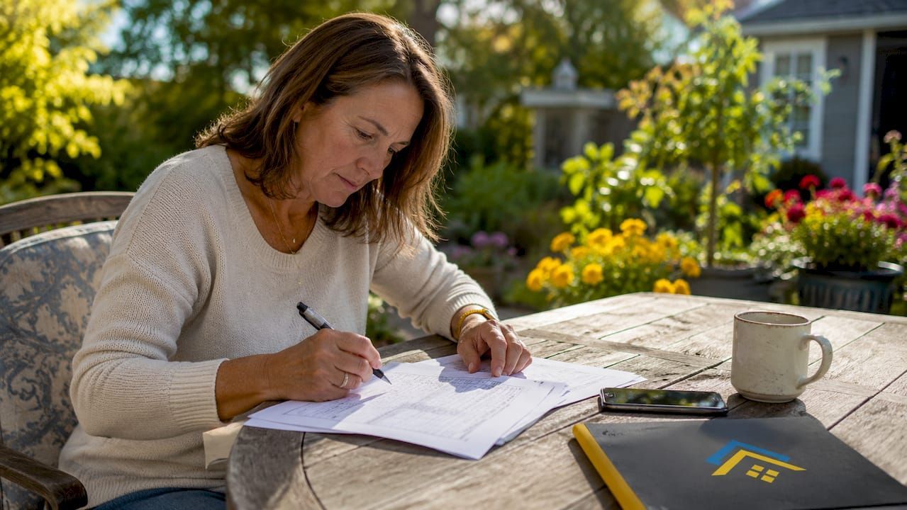 Woman writing on papers at an outdoor table with a mug and potted flowers nearby.