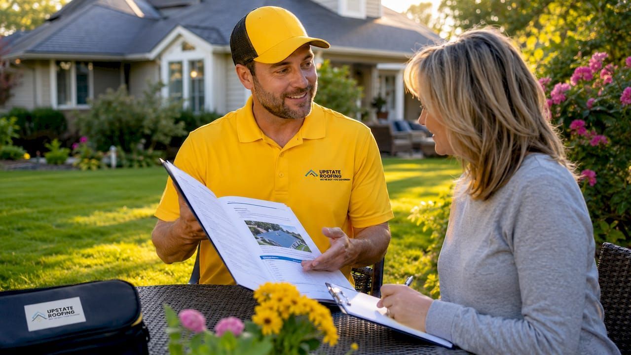 Pest control worker in yellow uniform discussing a service plan with a homeowner in a front yard
