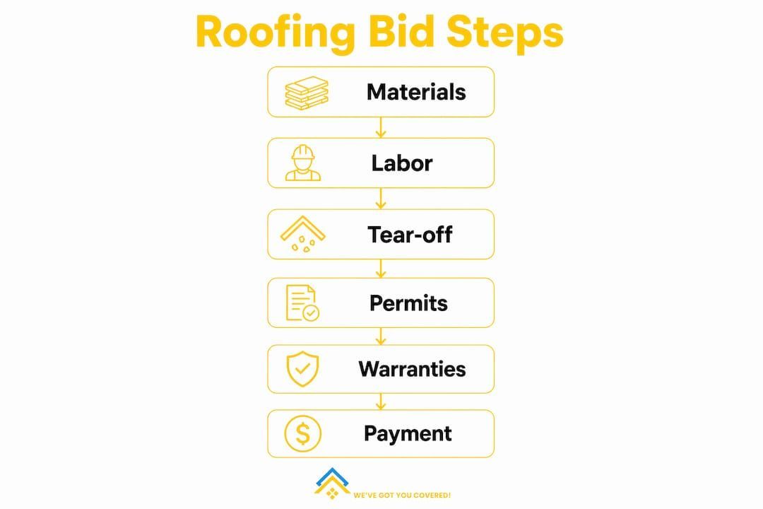 Roofing bid steps infographic listing materials, labor, tear-off, permits, warranties, and payment.