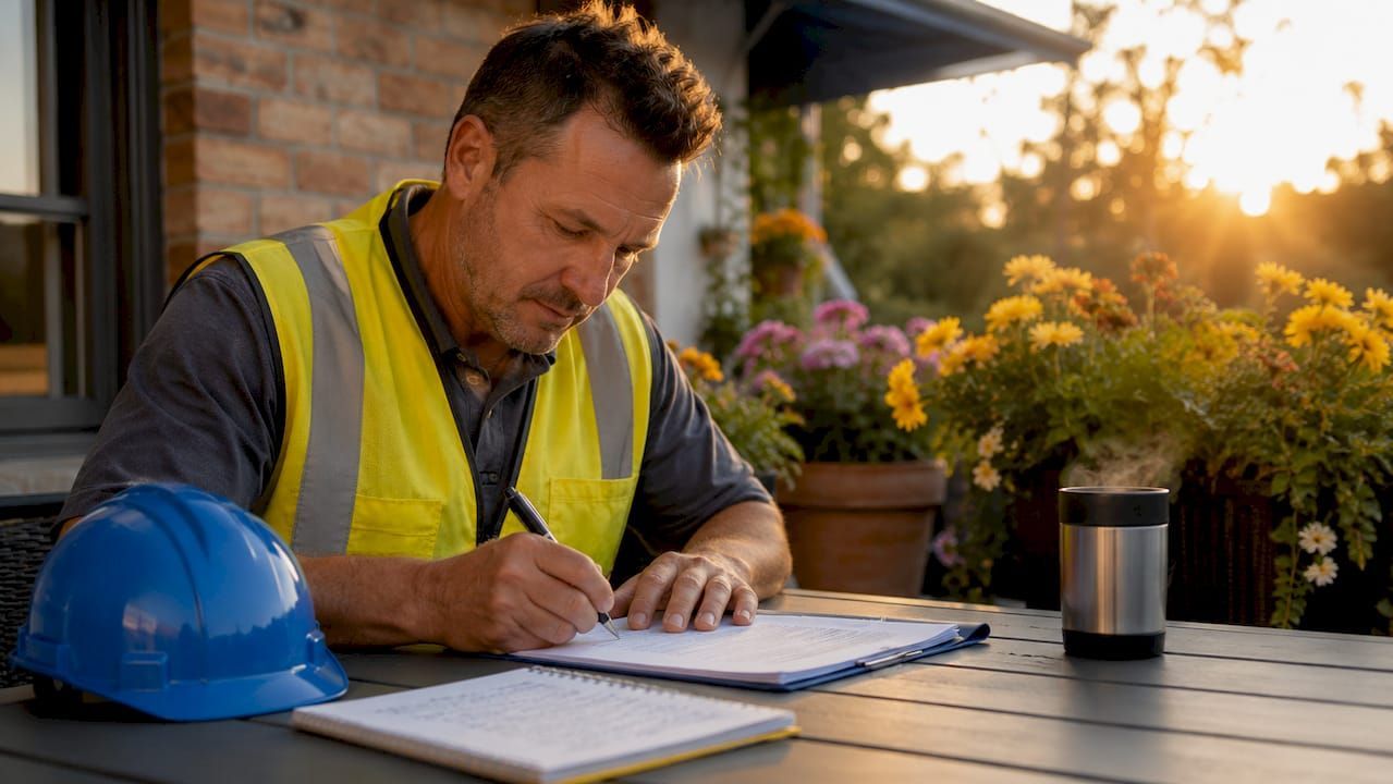Construction worker in a yellow vest writes on plans at an outdoor table with a blue hard hat nearby.