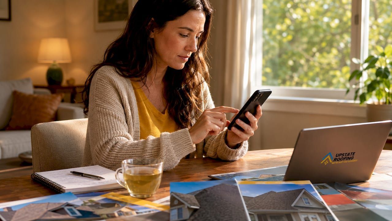 Woman using a smartphone at a table with a laptop, papers, and a glass of tea in a bright room.