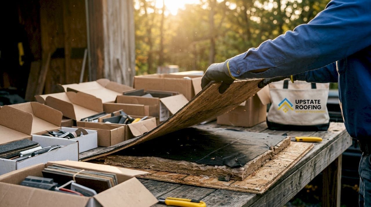 Person sorting cardboard into recycling bins on an outdoor worktable at sunset