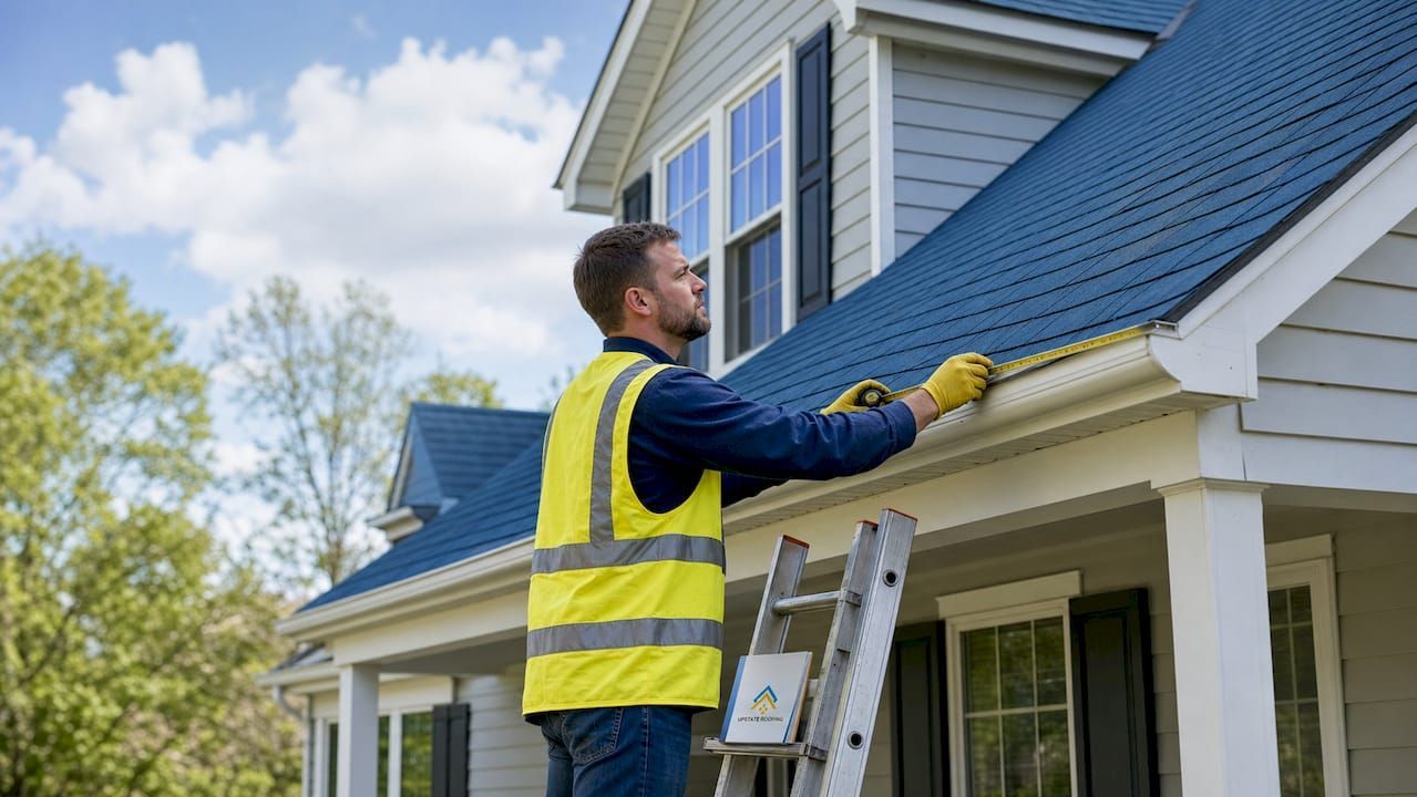 Worker in a yellow safety vest painting the white trim of a house beside a ladder