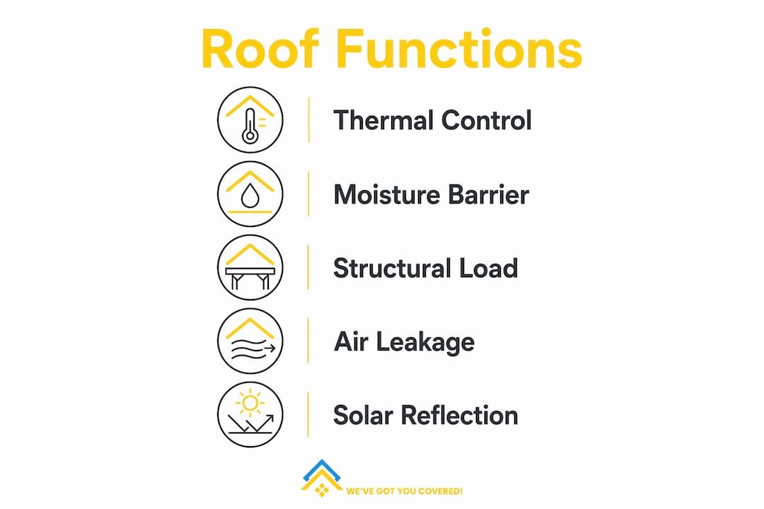 Roof Functions infographic listing thermal control, moisture barrier, structural load, air leakage, and solar reflection.
