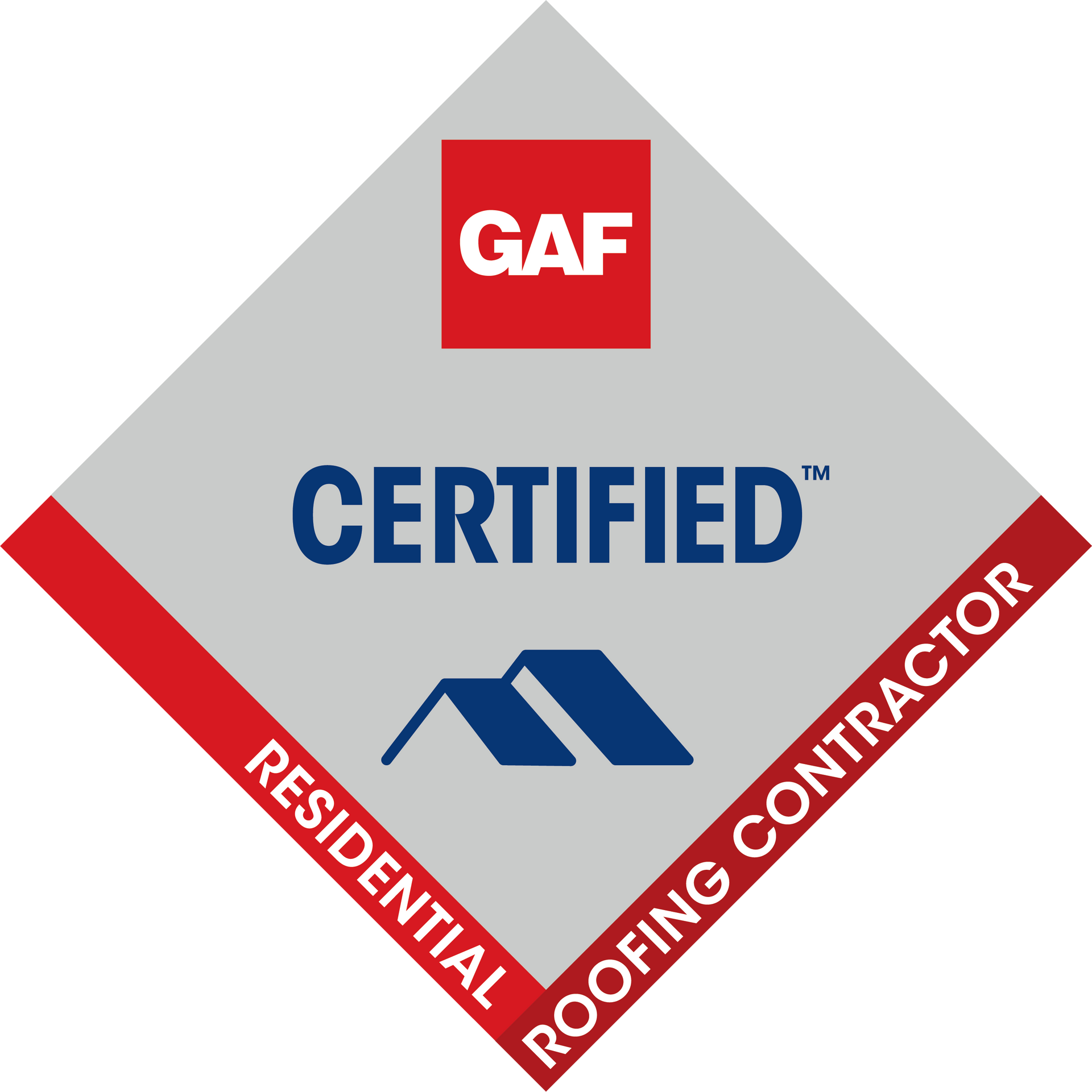 GAF Certified Residential Roofing Contractor badge in red, blue, gray, and white