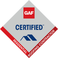 GAF Certified Residential Roofing Contractor badge with gray diamond, red accents, and blue text