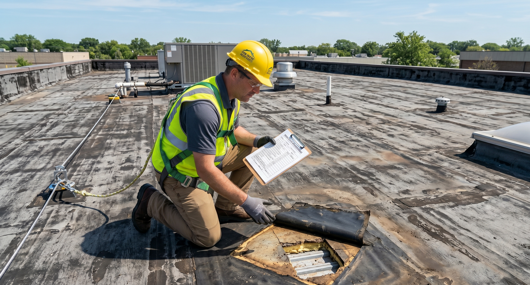 Roof inspector in yellow hard hat kneeling on a flat roof, checking damaged roofing with a clipboard.