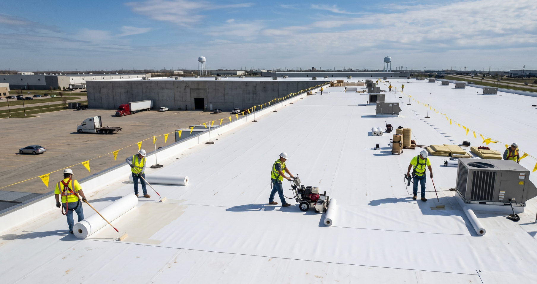 Workers in yellow vests installing white roofing on a large flat rooftop under a blue sky
