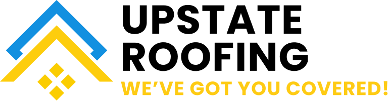 Upstate Roofing logo with blue and gold roof icon and tagline “We’ve got you covered!”