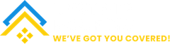 A logo featuring a blue and yellow roof icon and the slogan "WE'VE GOT YOU COVERED!" in yellow.