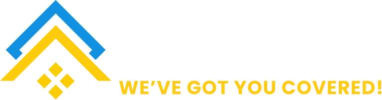 Blue and yellow roof logo with “WE’VE GOT YOU COVERED!” text