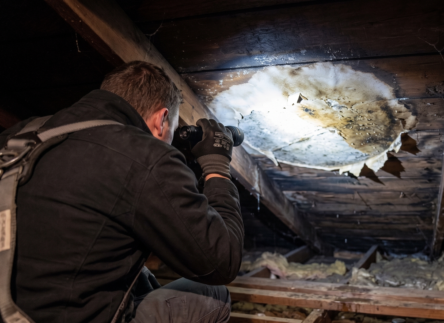 Person with camera examining a damaged attic ceiling with a large hole and debris.