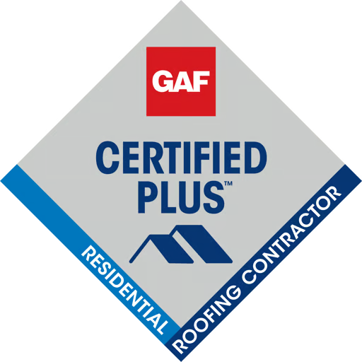 GAF Certified Plus residential roofing contractor logo in gray, blue, and red