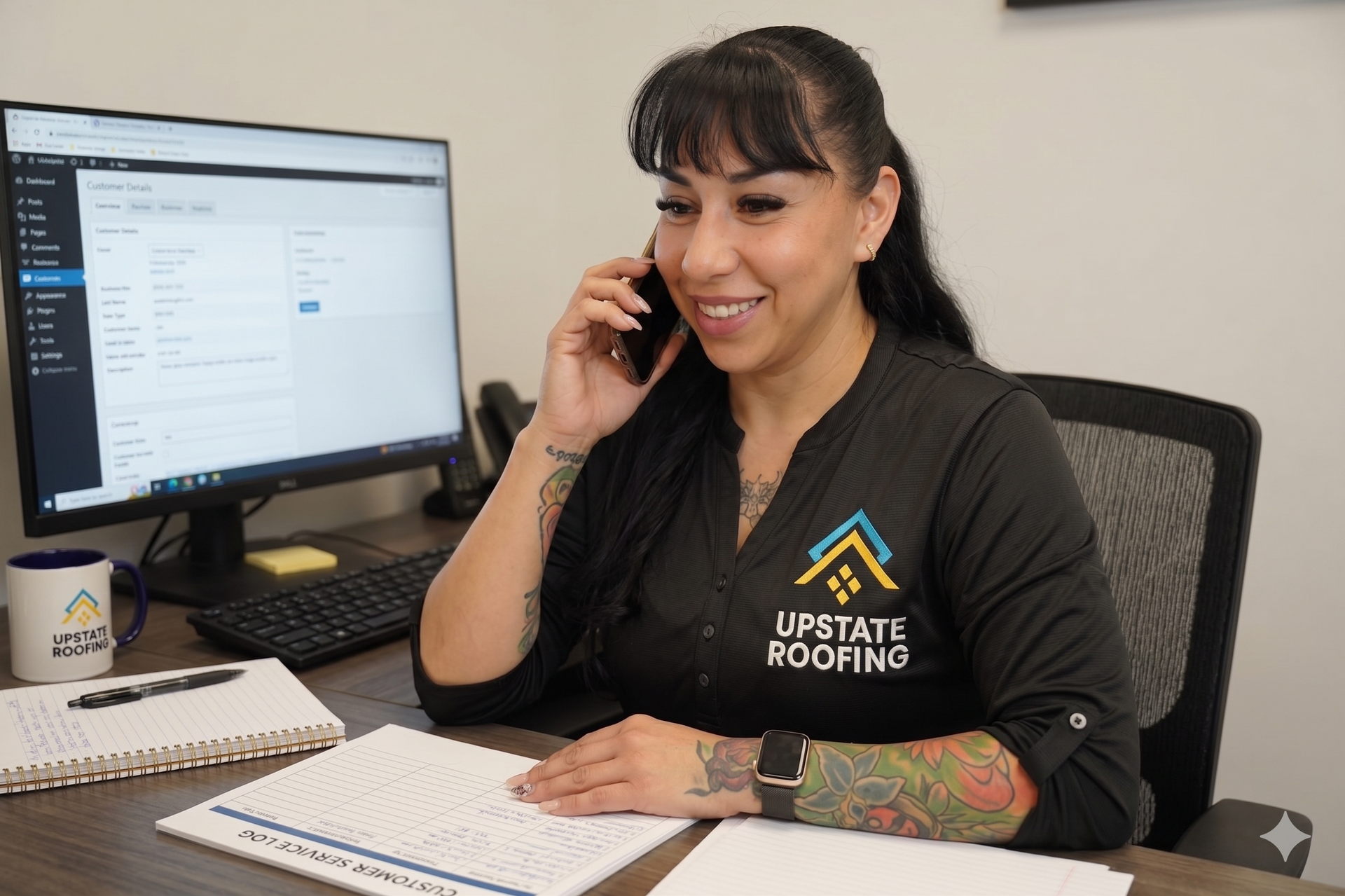 Woman at an office desk smiling on the phone beside a computer monitor and notebook