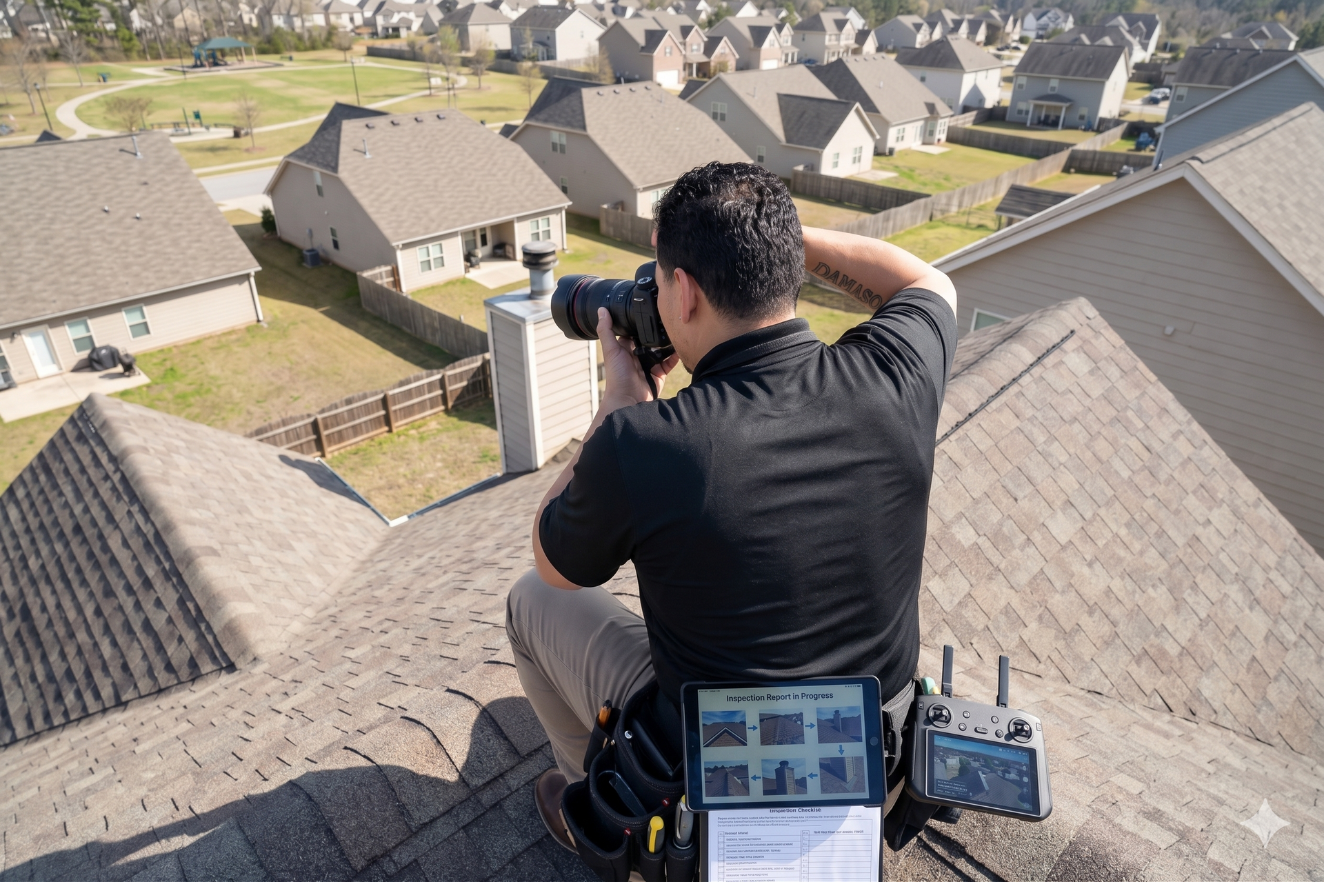 Photographer kneeling on a shingled roof, taking pictures of a suburban neighborhood below.