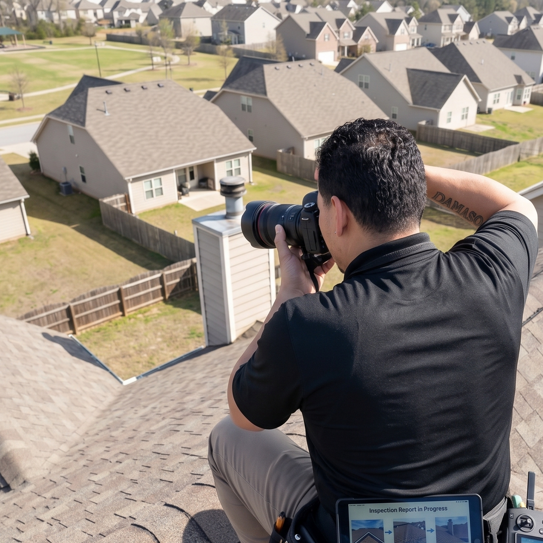 Person kneels on a rooftop, photographing suburban houses with a DSLR camera.