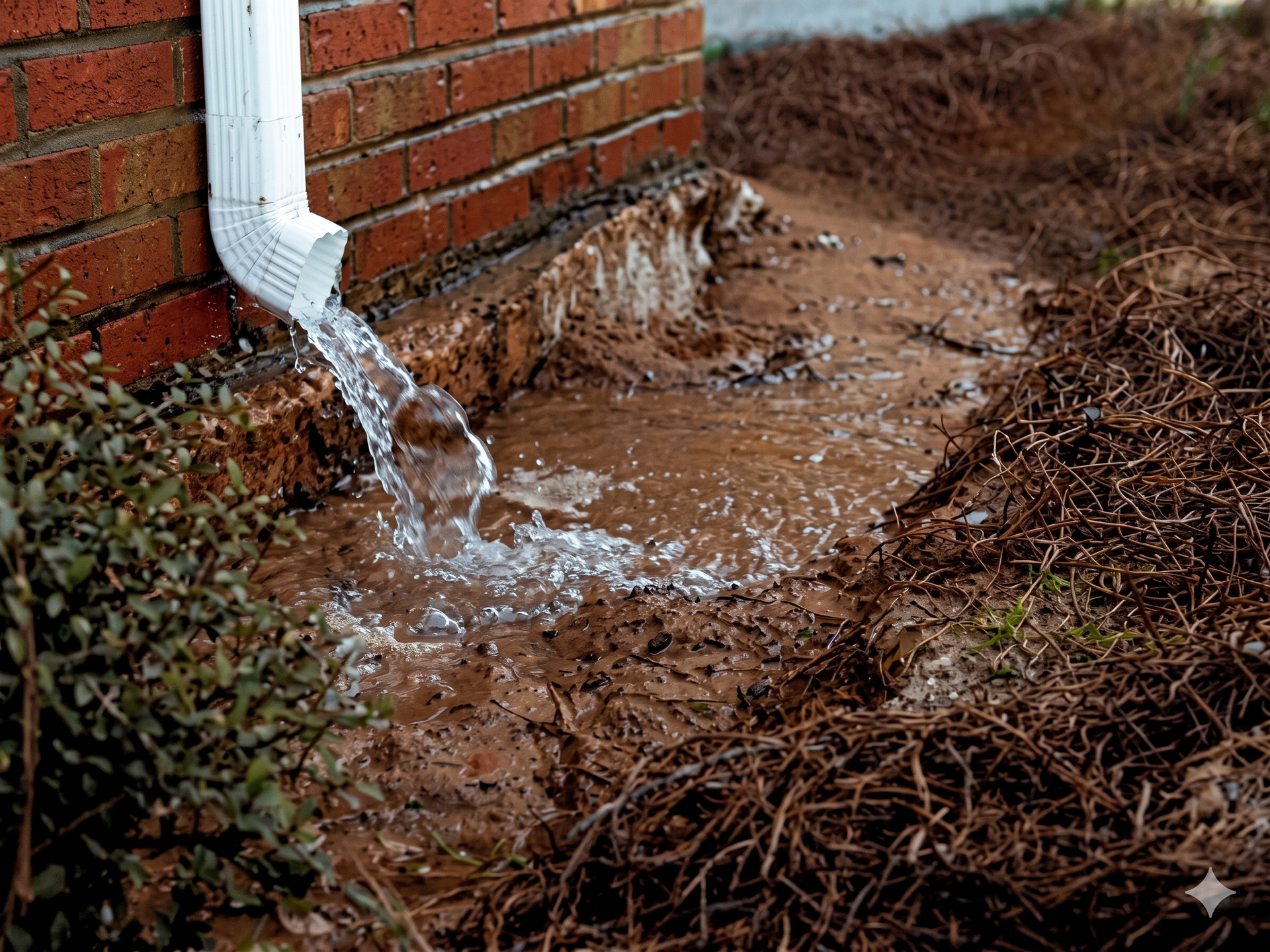 Rainwater dripping from a white roof gutter onto a wet deck