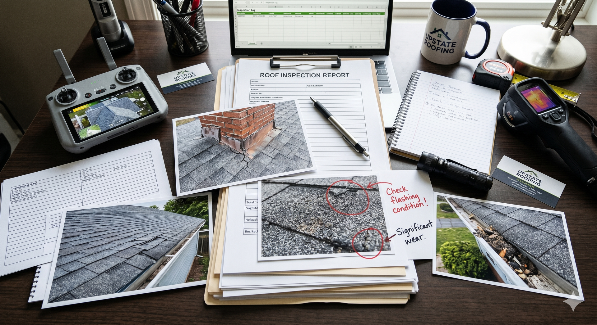 Desk covered with architectural photos, sketchbook, pen, tablet, and mug in a work setup
