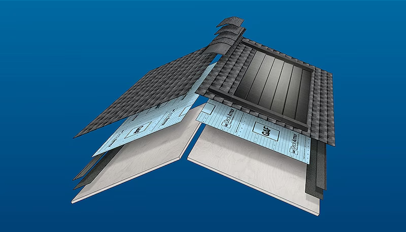 Illustration of a modern house with a dark gray roof and light blue walls on a blue background