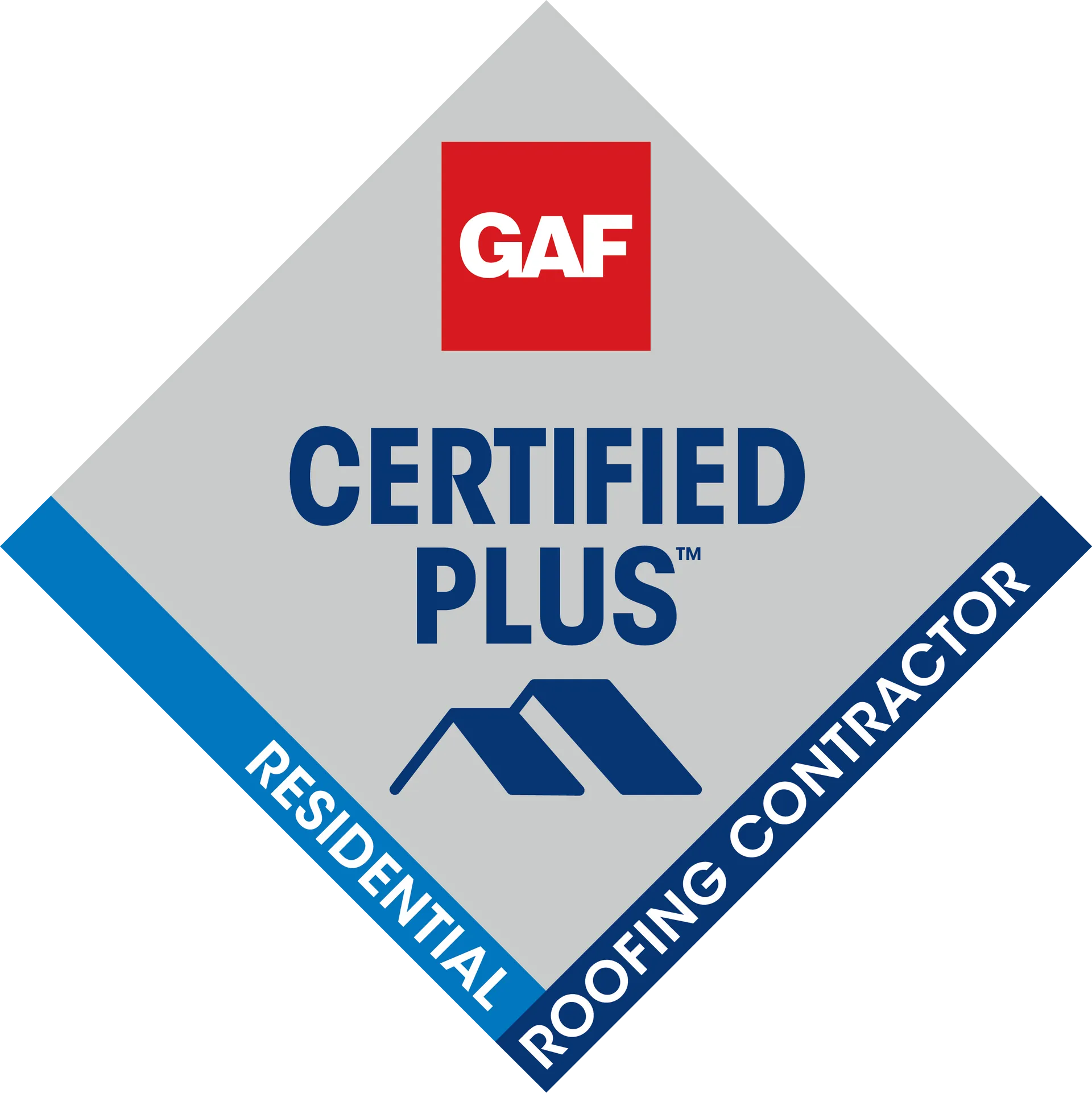 GAF Certified Plus Residential Roofing Contractor badge with blue and red diamond logo