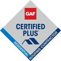 GAF Certified Plus Residential Roofing Contractor diamond logo in red, blue, and gray