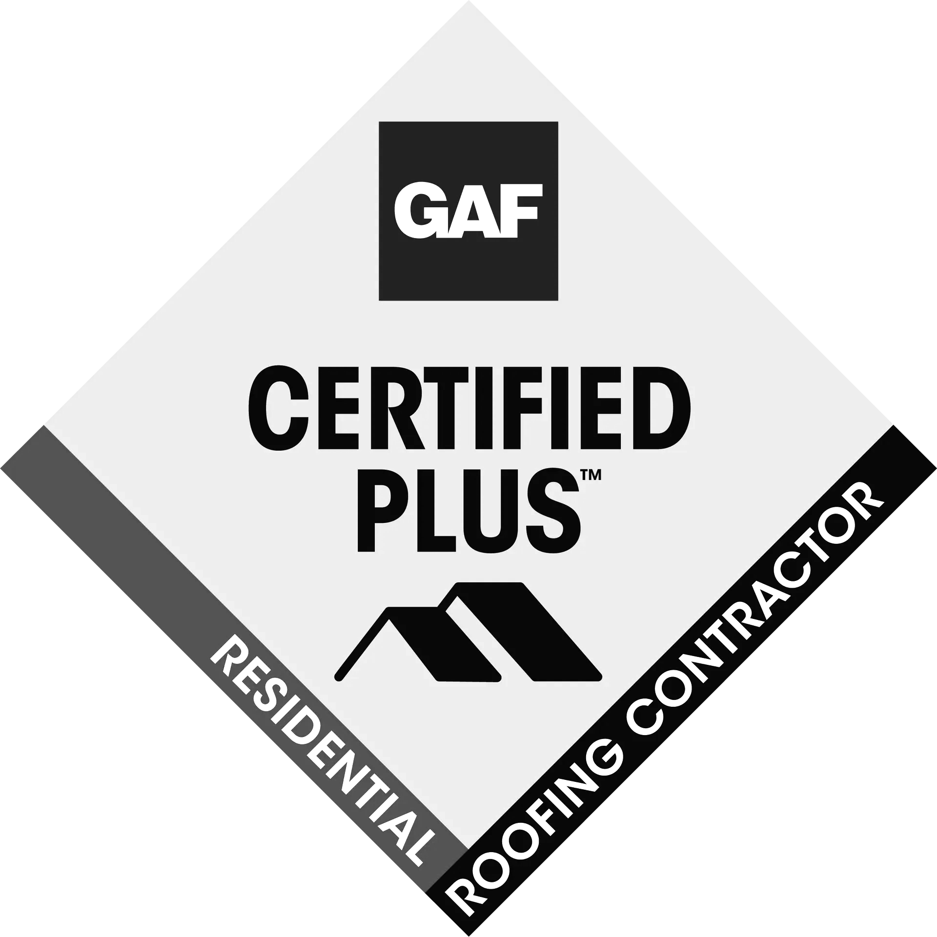 GAF Certified Plus Residential Roofing Contractor badge in black, white, and gray