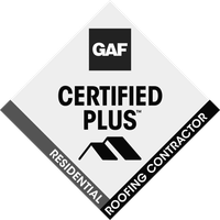 GAF Certified Plus Residential Roofing Contractor badge in black, white, and gray