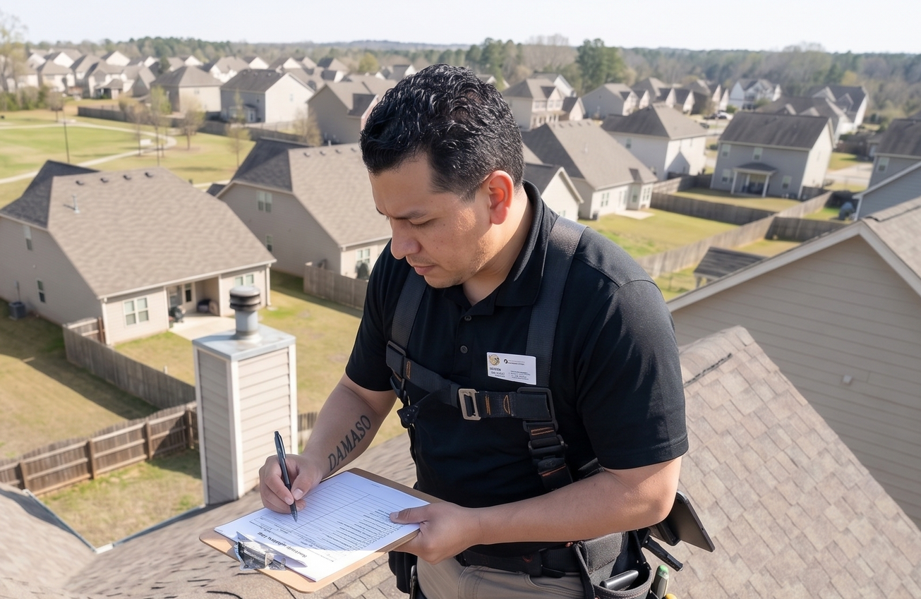 Inspector taking notes on a clipboard on a rooftop with suburban houses in the background