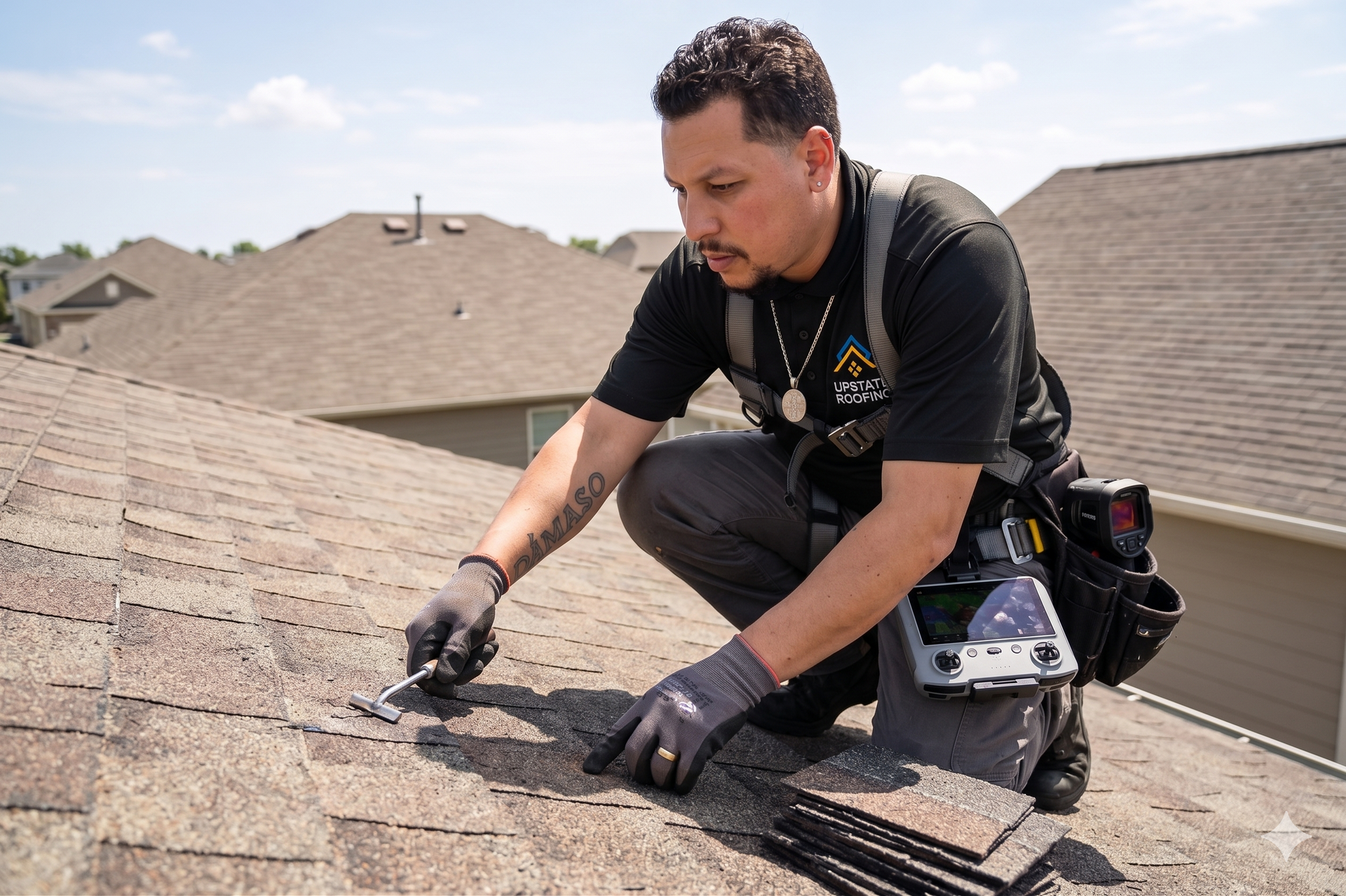Worker repairing roof shingles on a rooftop, wearing gloves and using tools.
