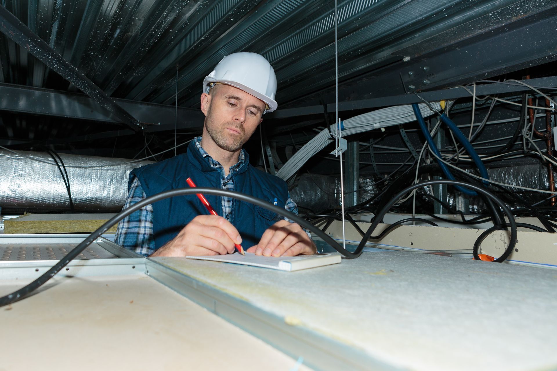 Technician in a hard hat working among exposed cables in a cramped ceiling space