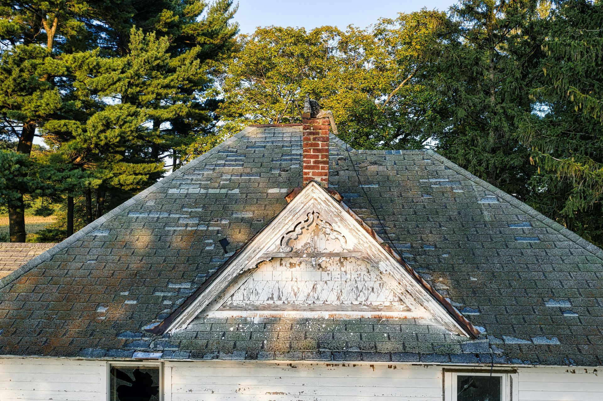 Weathered shingled roof with central dormer and brick chimney, framed by green trees