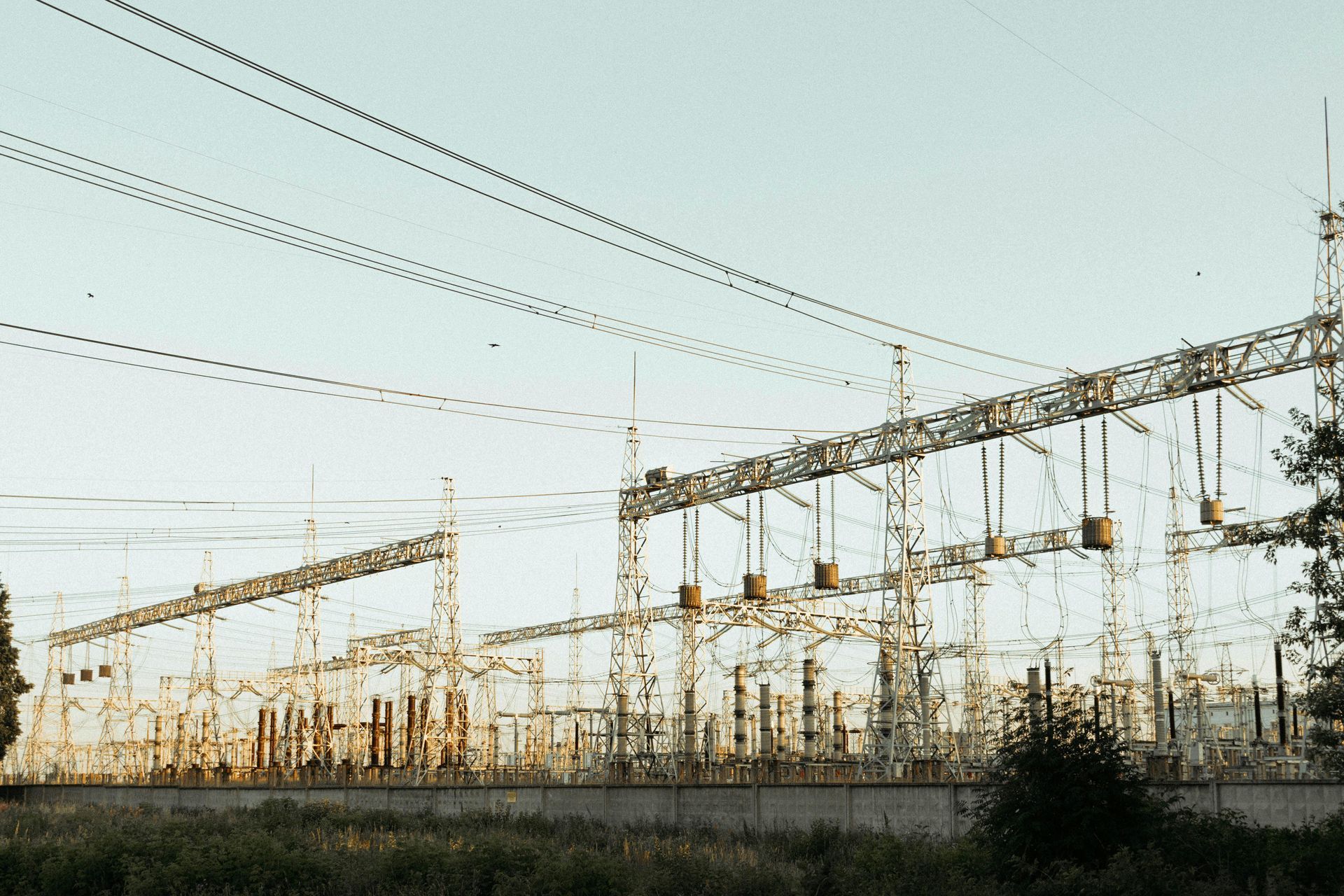 Electrical substation with rows of power lines and metal structures under a pale sky