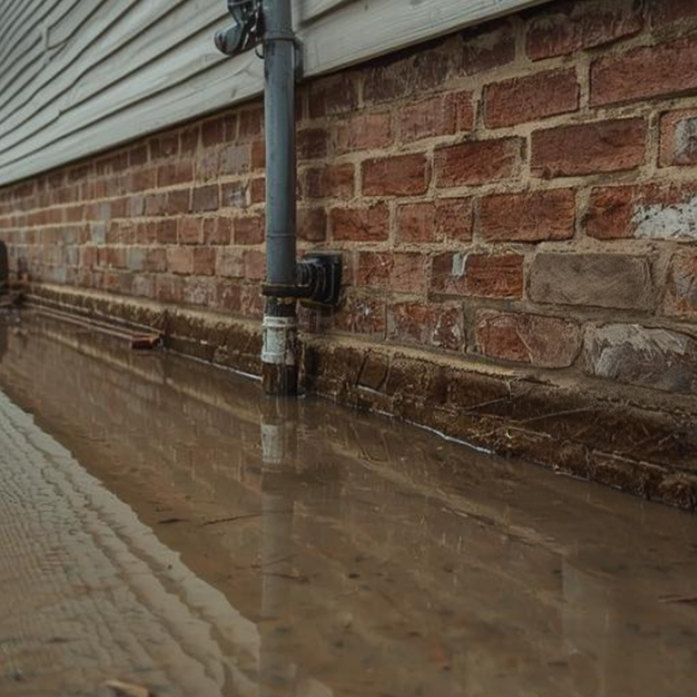 Floodwater pooling beside a brick house wall and downspout after heavy rain
