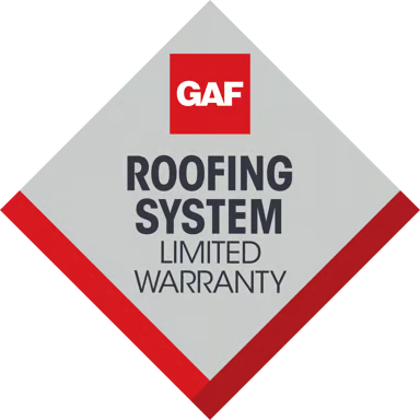 GAF Roofing System limited warranty badge in gray, red, and black
