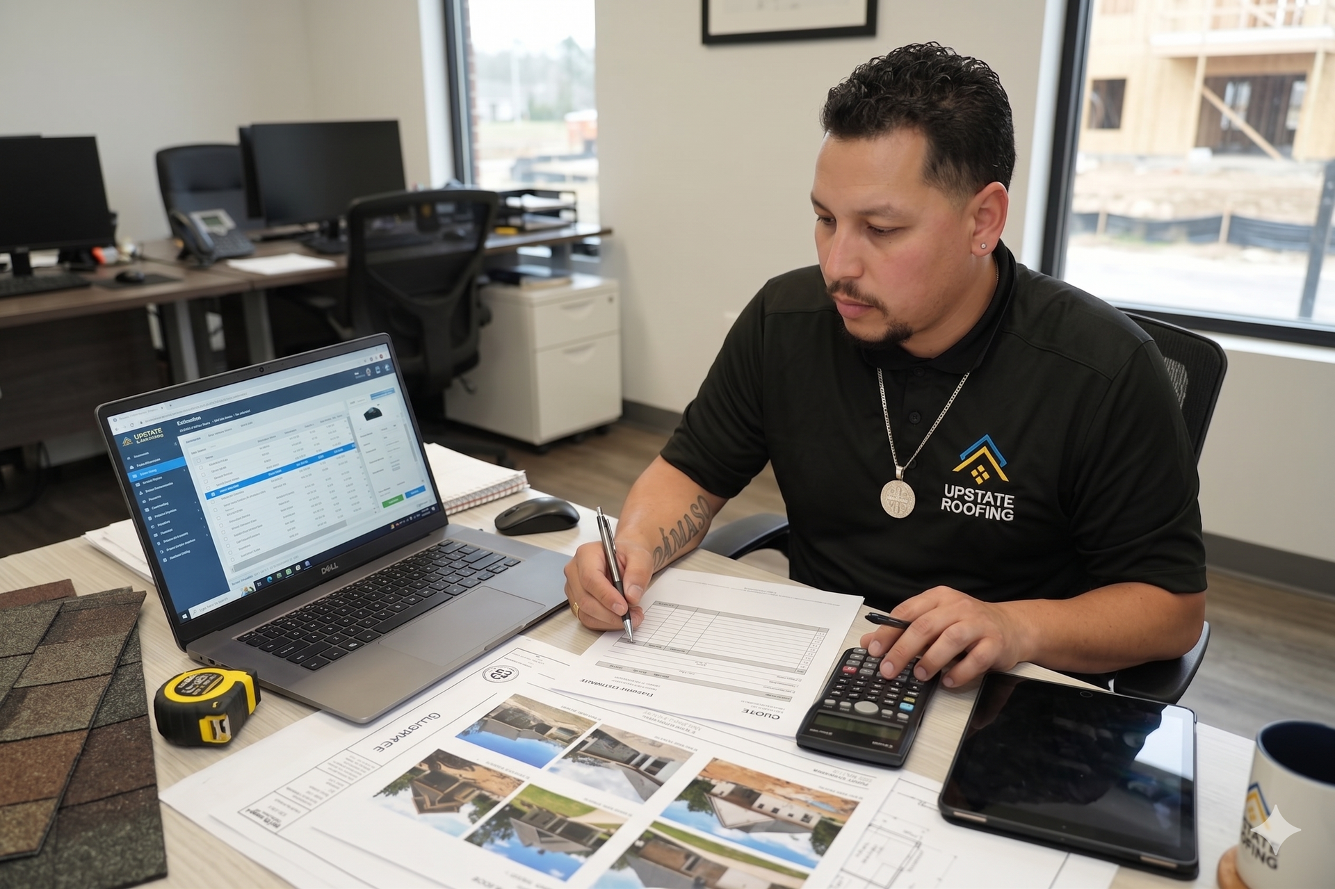 Man reviewing documents at a desk with a laptop, calculator, and printed photos in an office