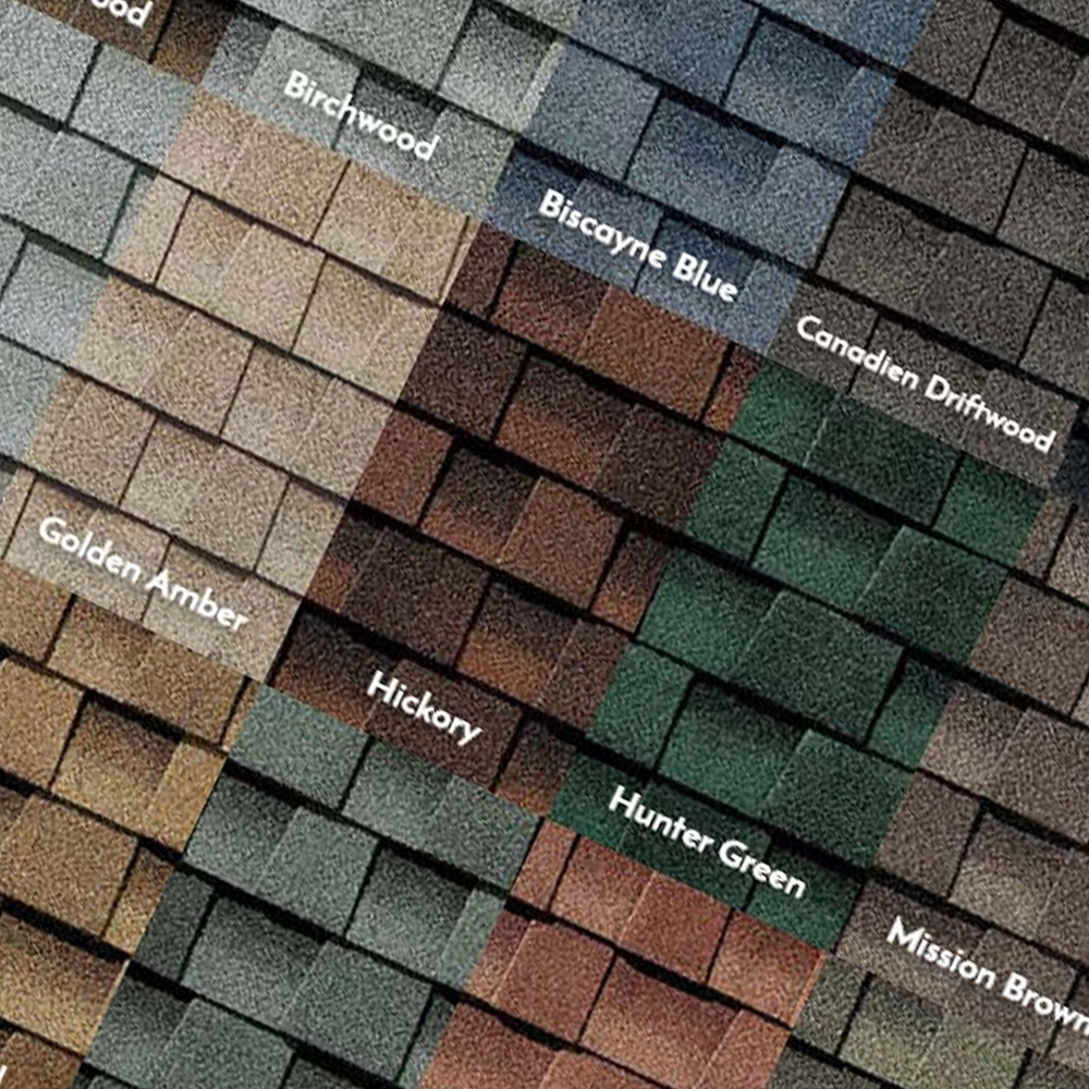 Angled display of roof shingles in various colors, labeled with names like Birchwood, Biscayne Blue, and Hunter Green