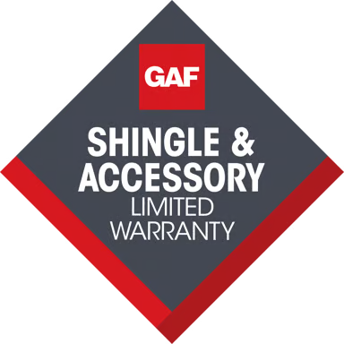 GAF Shingle & Accessory Limited Warranty badge in red, white, and dark gray diamond shape