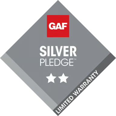 GAF Silver Pledge limited warranty badge in gray diamond with red logo and two stars