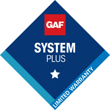 GAF System Plus limited warranty badge in blue and red diamond with white star