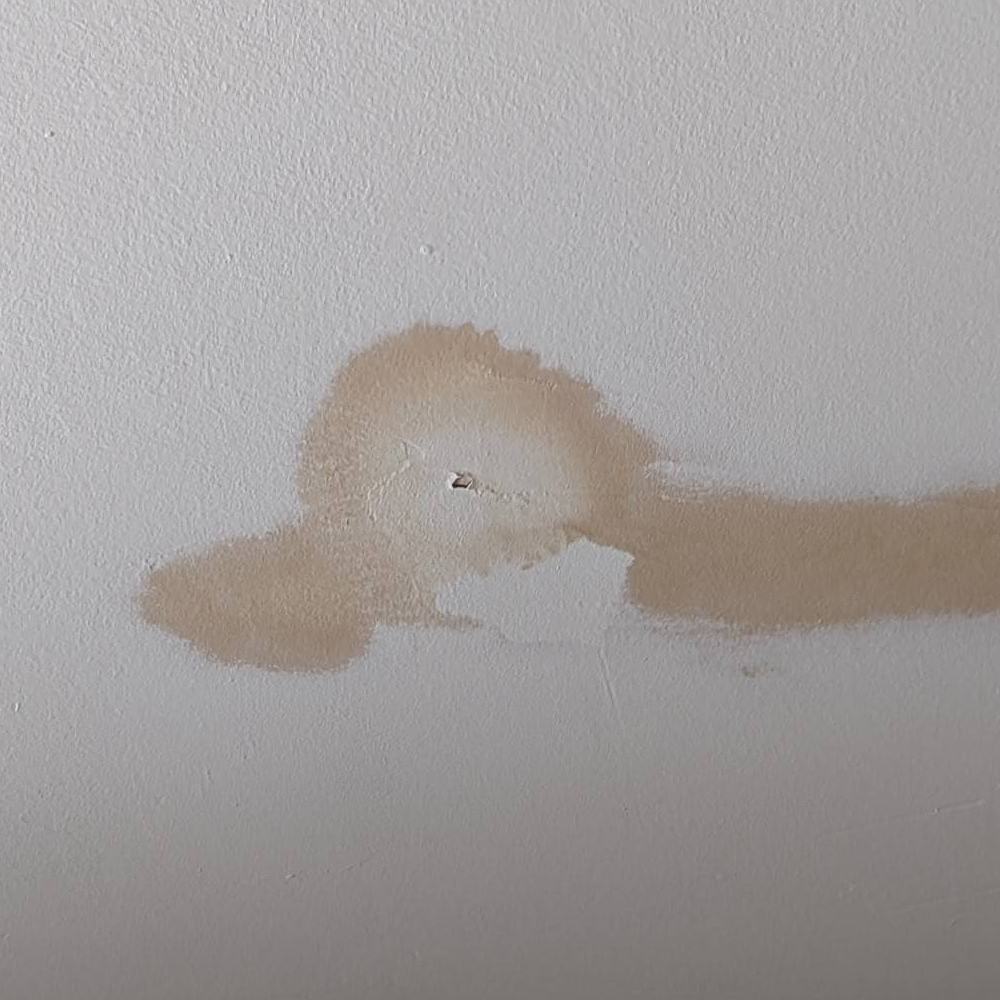 Water stain on a white wall with a tan, irregular patch and a small hole at the center