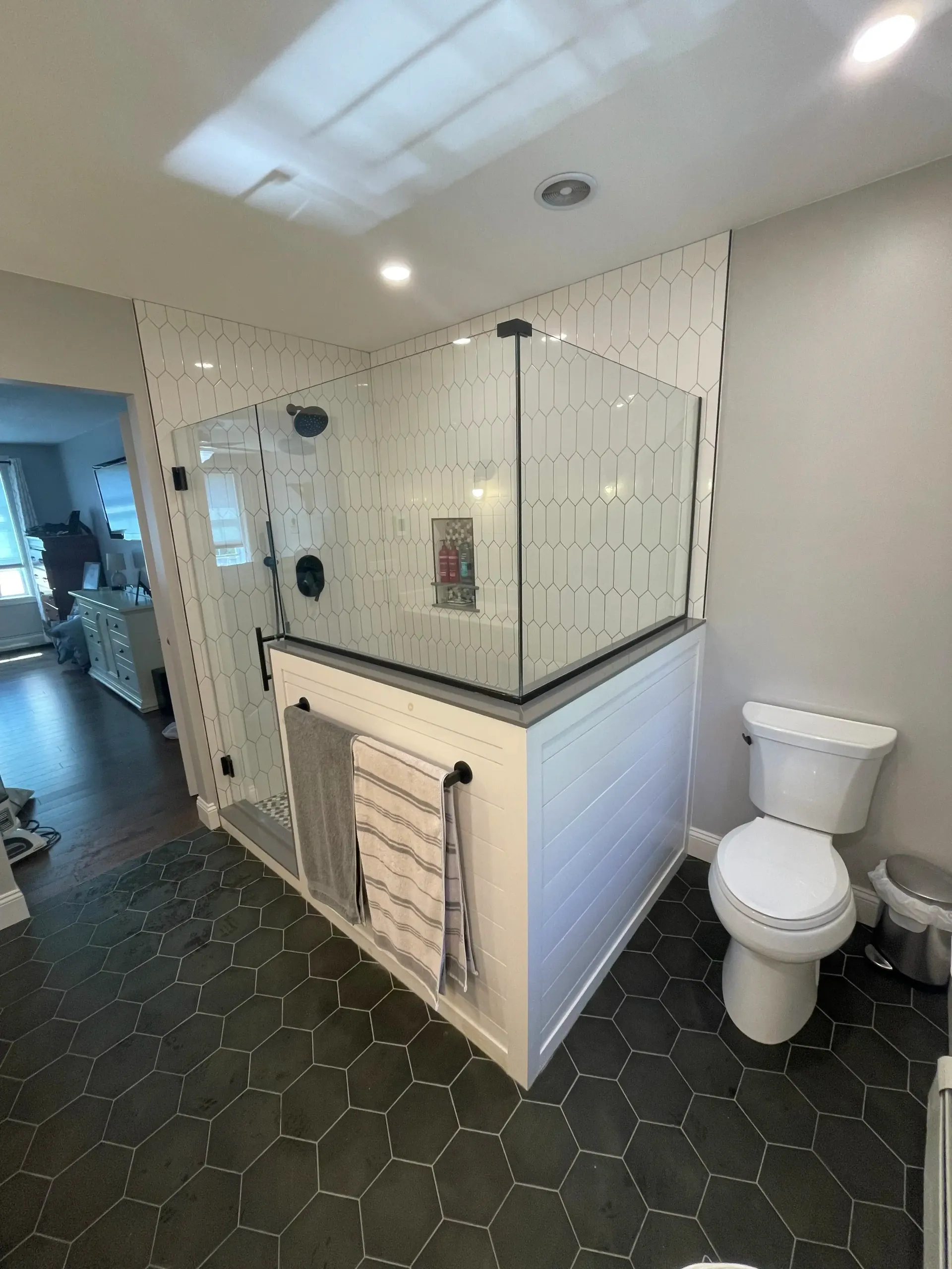 A bathroom with a walk in shower and a toilet.