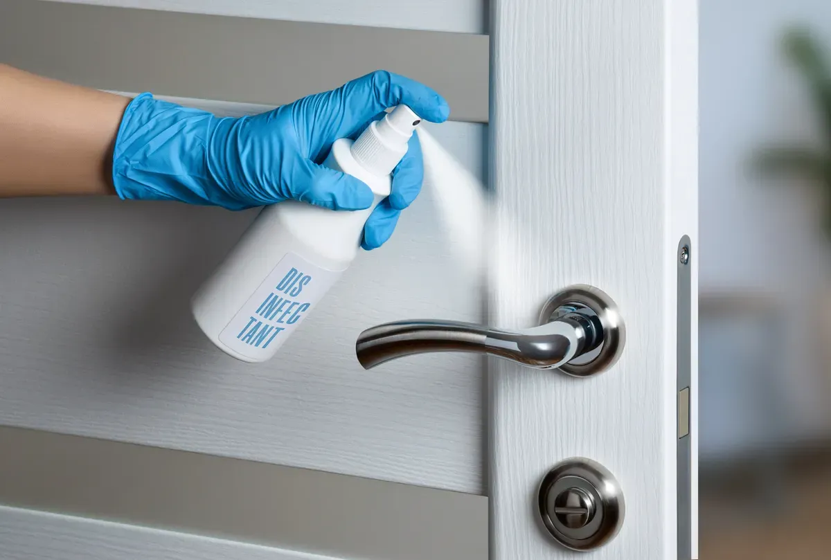 A person wearing blue gloves is spraying a door handle with a spray bottle.