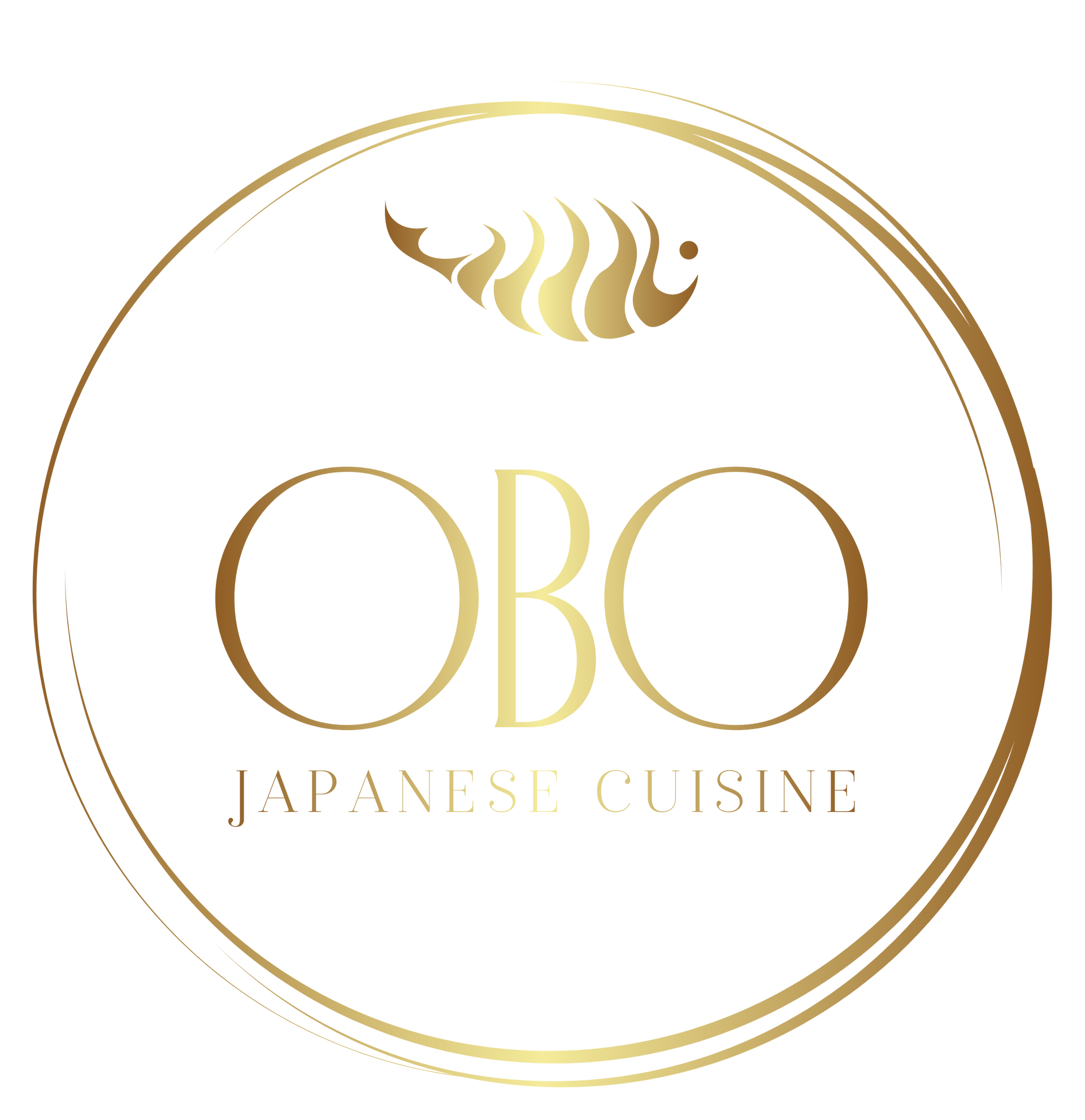 Złote logo restauracji: „OBO Japanese Cuisine” w okrągłej ramce, z ikoną ryby nad tekstem.